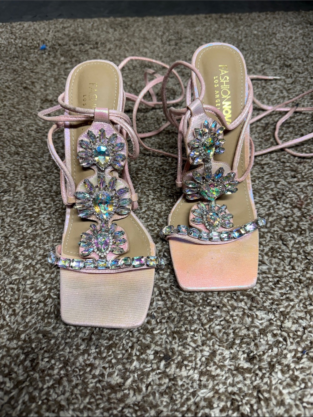 Fashion Nova Pink iridescent Embellished Lace-Up Block Heel Sandals